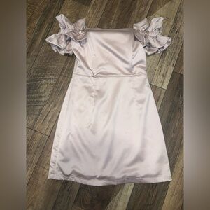 DO+BE satin beige ruffle off the shoulder mini dress S cocktail formal fall